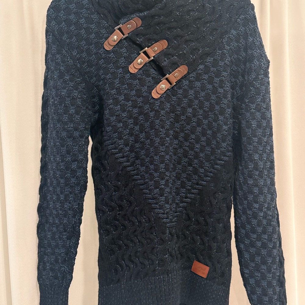 Men's Black and Blue Turtleneck Sweater with Buckle Accents